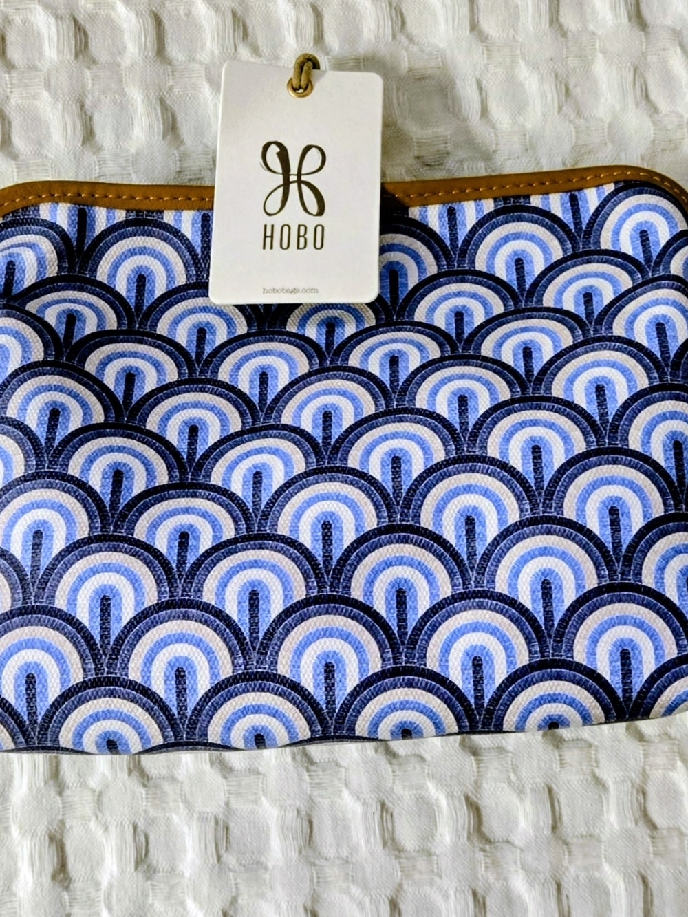 HOBO Blue Navy Scallop Pattern Cosmetic Pouch with Tan Trim